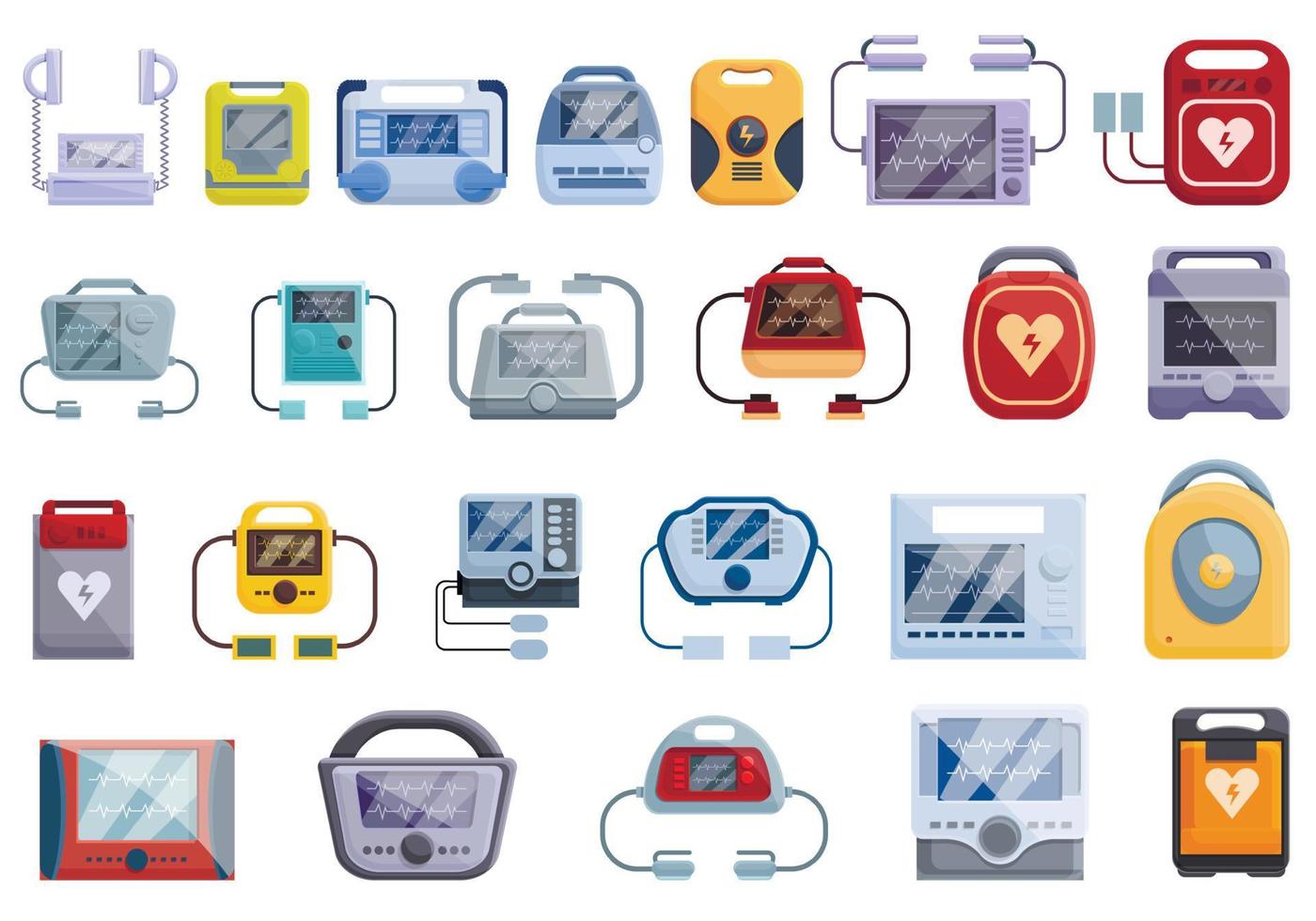 defibrillator ikoner set, tecknad stil vektor