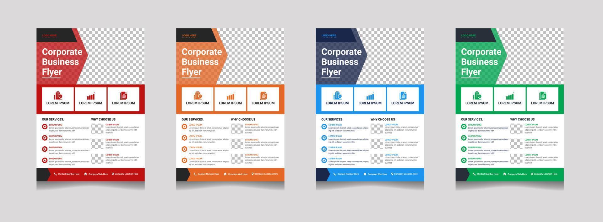 Corporate Business Flyer Vorlage Vektor-Design-Set mit roter, gelber, blauer und grüner Farbe. Marketing, Werbung, Geschäftsvorschlag, Werbung, Veröffentlichung, Deckblatt. vektor