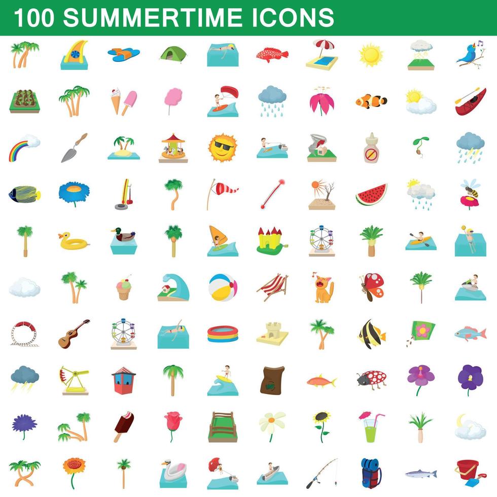 100 sommartid ikoner set, tecknad stil vektor