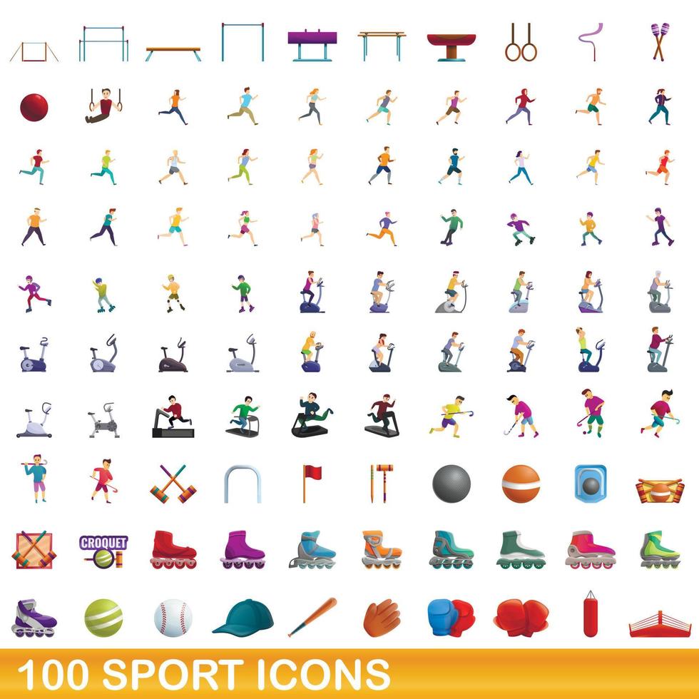 100 sport ikoner set, tecknad stil vektor