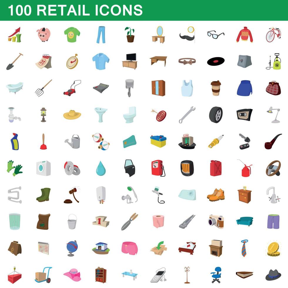 100 detaljhandeln ikoner set, tecknad stil vektor