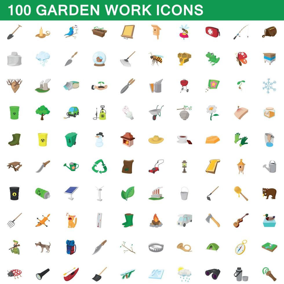 100 trädgårdsarbete ikoner set, tecknad stil vektor