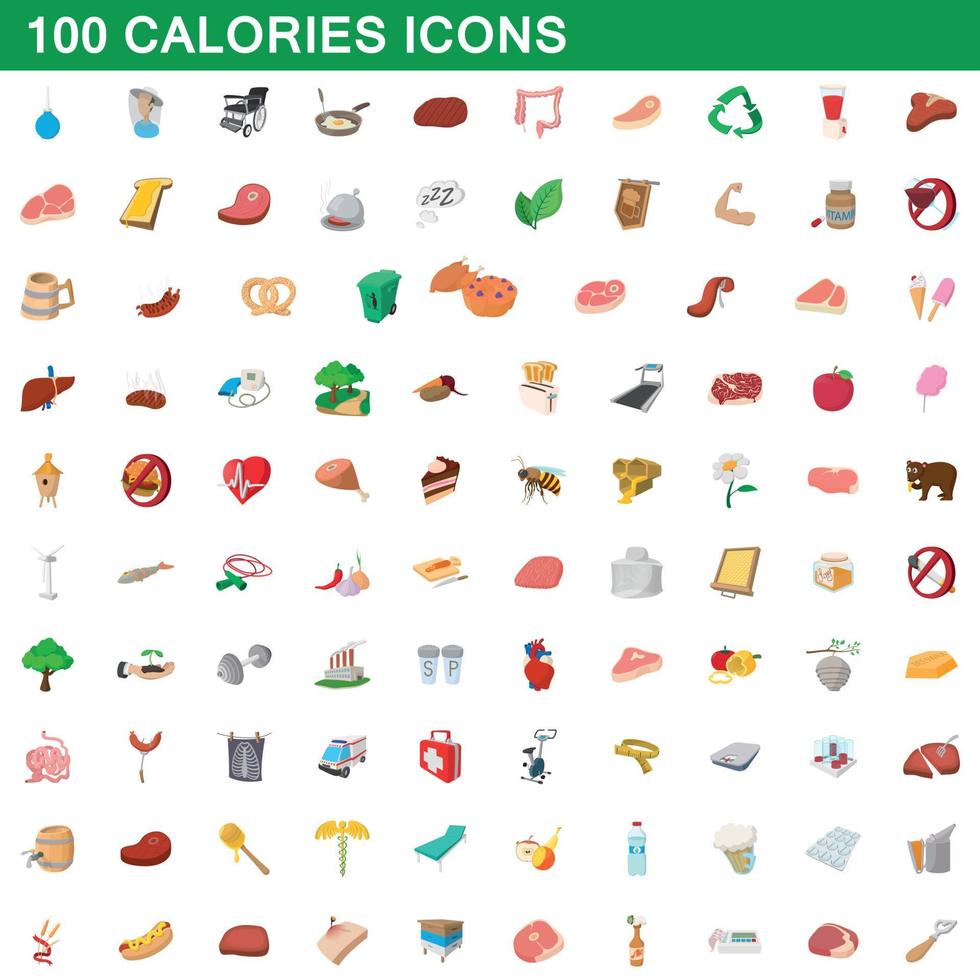 100-Kalorien-Icons gesetzt, Cartoon-Stil vektor