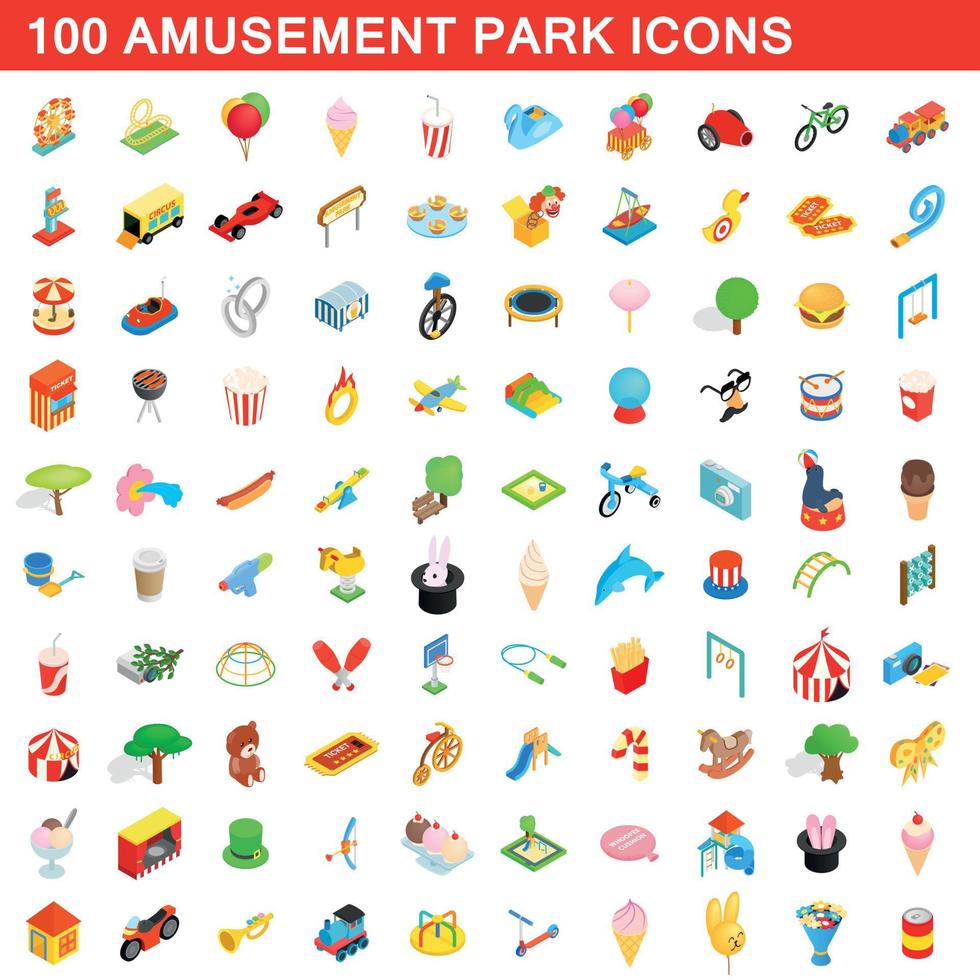 100 Symbole für Vergnügungsparks, isometrischer 3D-Stil vektor