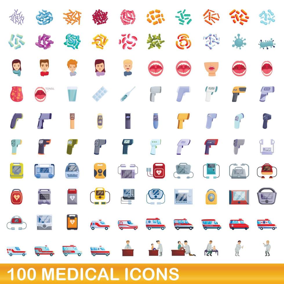 100 medicinska ikoner set, tecknad stil vektor