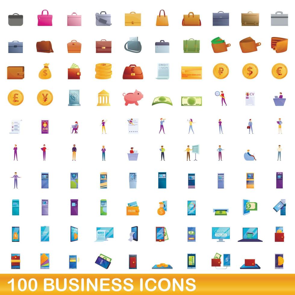 100 business ikoner set, tecknad stil vektor