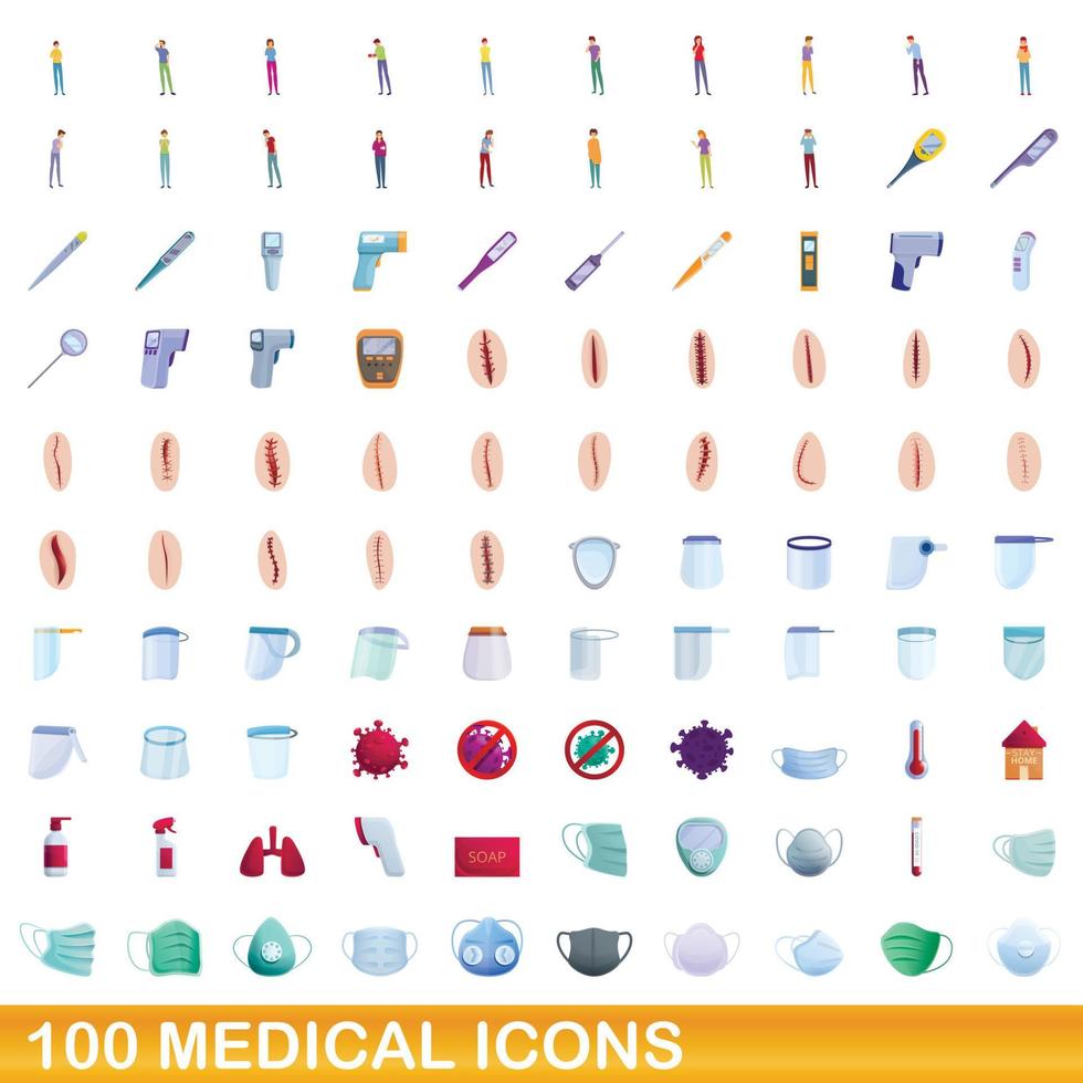 100 medicinska ikoner set, tecknad stil vektor