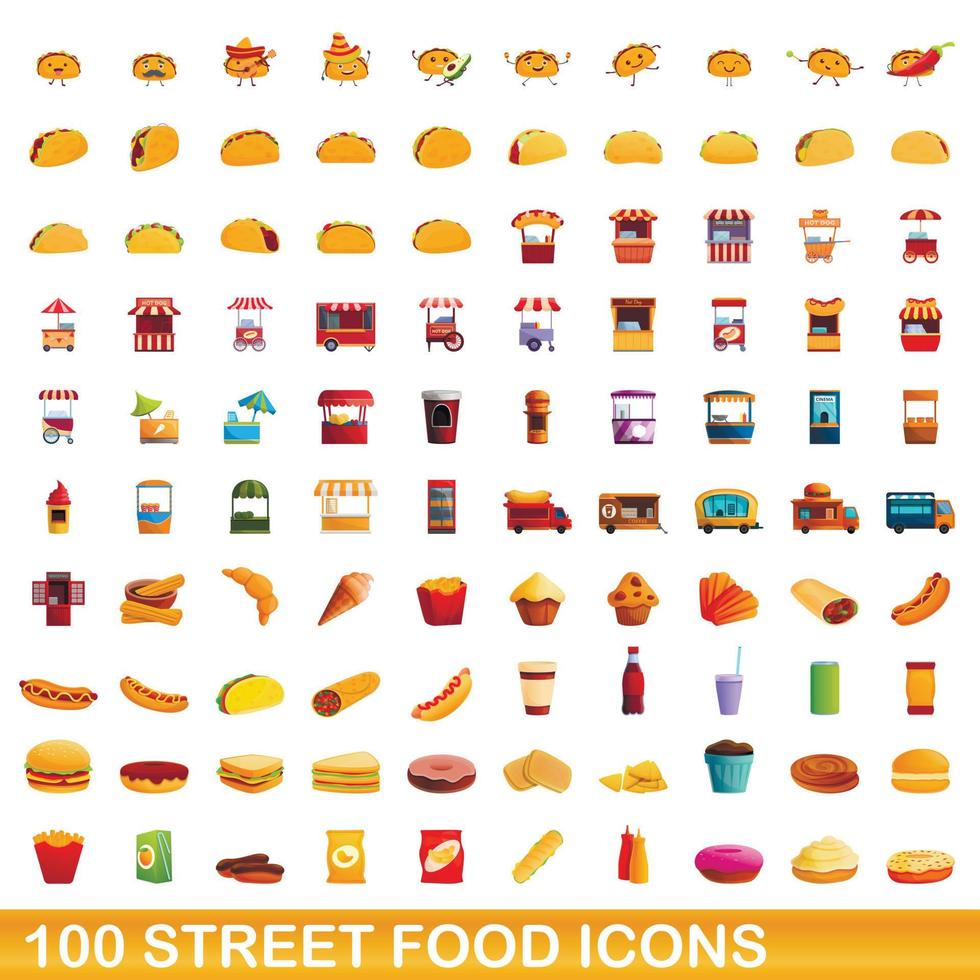 100 Streetfood-Icons im Cartoon-Stil vektor