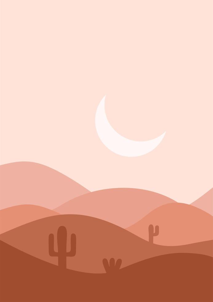 flache Landschaftsvektorillustration der Wüste. sonnenuntergang wüste und kaktuslandschaft illustration.berge und kakteen im flachen karikaturstil. vektor