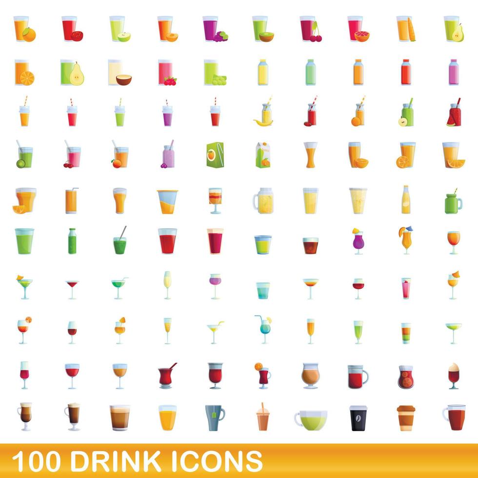 100 drink ikoner set, tecknad stil vektor