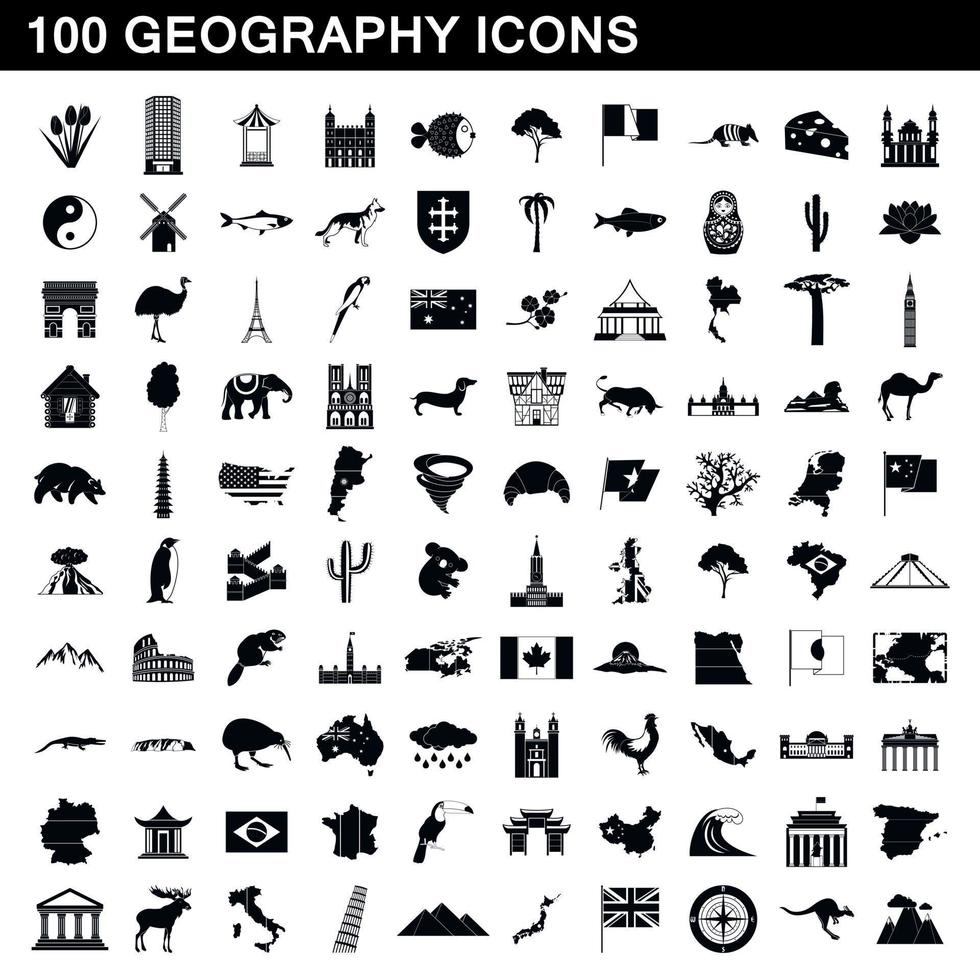 100 Geographie-Icons gesetzt, einfacher Stil vektor