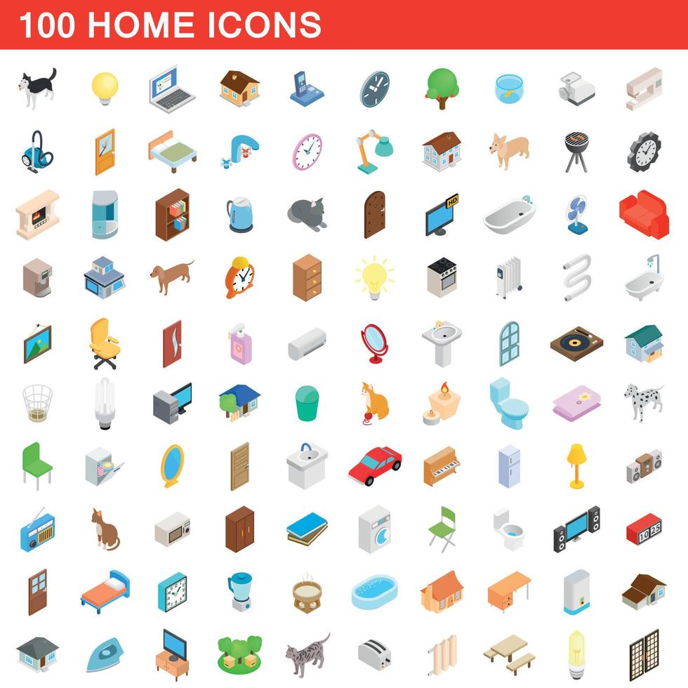 100 Home-Icons gesetzt, isometrischer 3D-Stil vektor