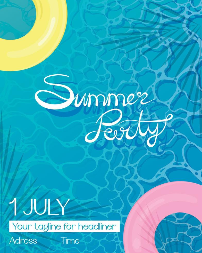flyer poster a4 inbjudan till en sommarfest i poolen med uppblåsbara runda cirklar och palmer vektor