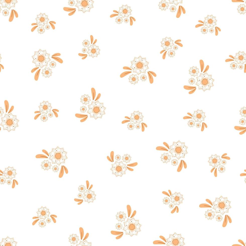Nahtloses Muster mit Herbst kleine abstrakte Blumensträuße von gesäumten Blumen in warmen Farben isoliert auf weißem Hintergrund im flachen Cartoon-Stil. vektor