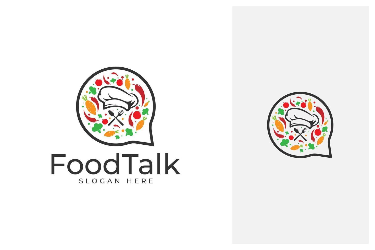 Food Fork Talk Chat Bubble Icon Konzept Vektor Logo Design mit etwas Gemüse