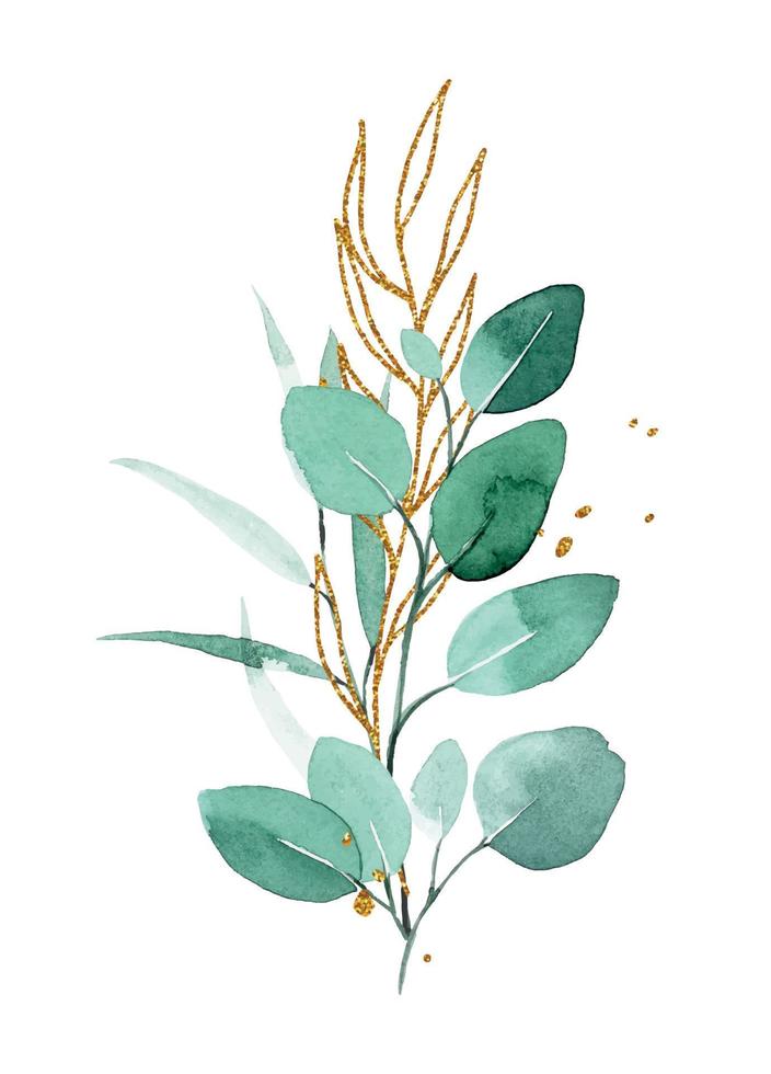 Aquarellzeichnung. Strauß, Komposition aus Eukalyptuszweigen. Gold und grüne Eukalyptusblätter. Vintage-Blumenstrauß, elegant vektor