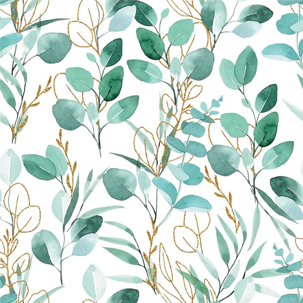 akvarell seamless mönster. gröna och guld eukalyptus blad på en vit bakgrund. vintagetryck med gyllene konsistens vektor
