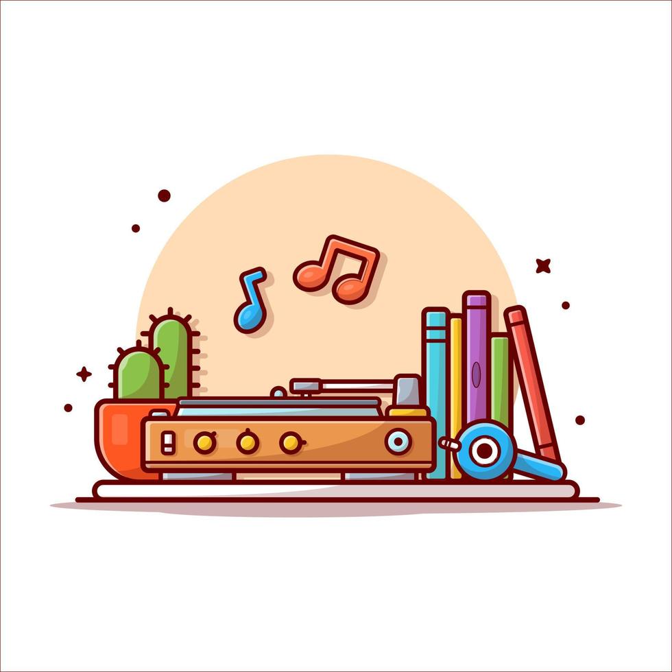 alter musikplayer mit grammophon, kopfhörer, kaktus, büchern und vinyl-cartoon-vektorsymbolillustration. kunstbildung symbol konzept isoliert premium-vektor. flacher Cartoon-Stil vektor