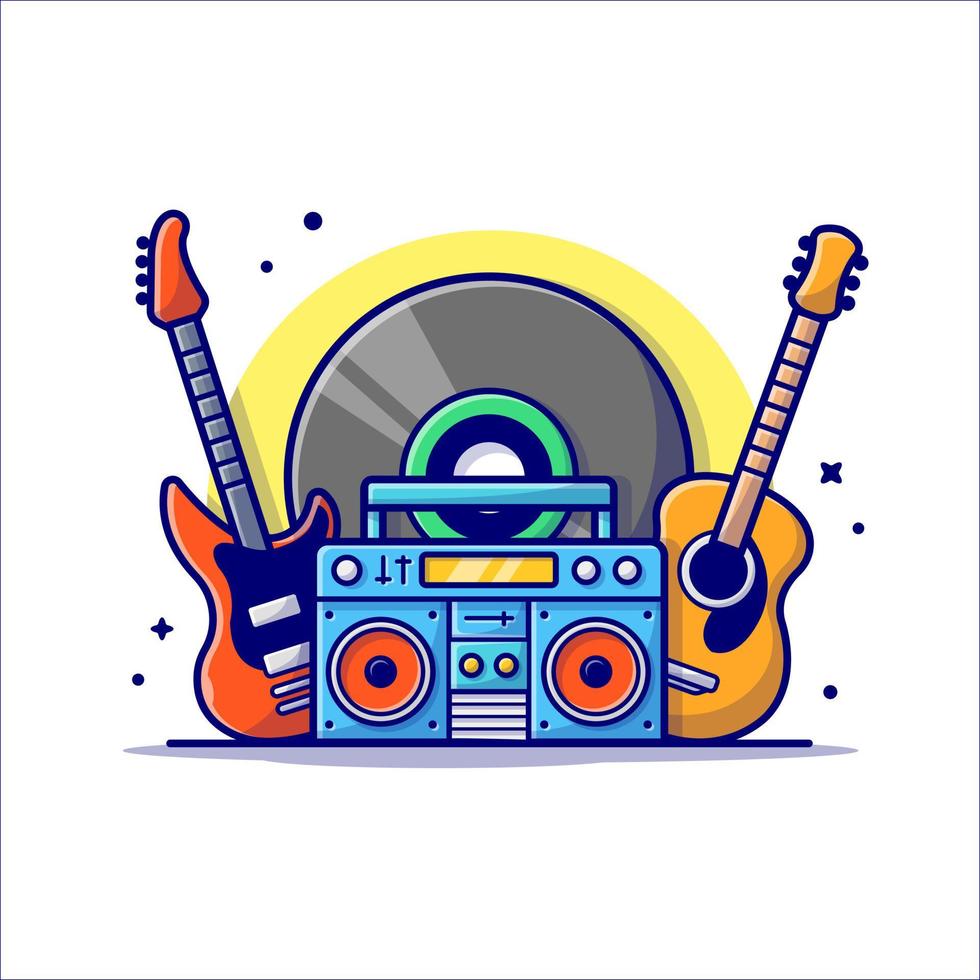 musikinstrumentenkonzert treten mit gitarre, boombox und großer vinylmusik-cartoon-vektorsymbolillustration auf. Kunstobjekt-Icon-Konzept isolierter Premium-Vektor. flacher Cartoon-Stil vektor