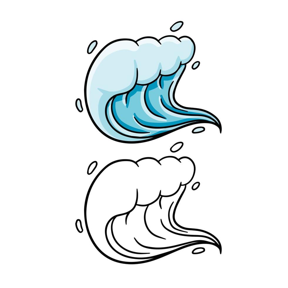Welle. Meerwasser. Sturm und die Natur des Ozeans. karikatur- und skizzenillustration lokalisiert auf weiß. blaues logo spritzen und fließen vektor