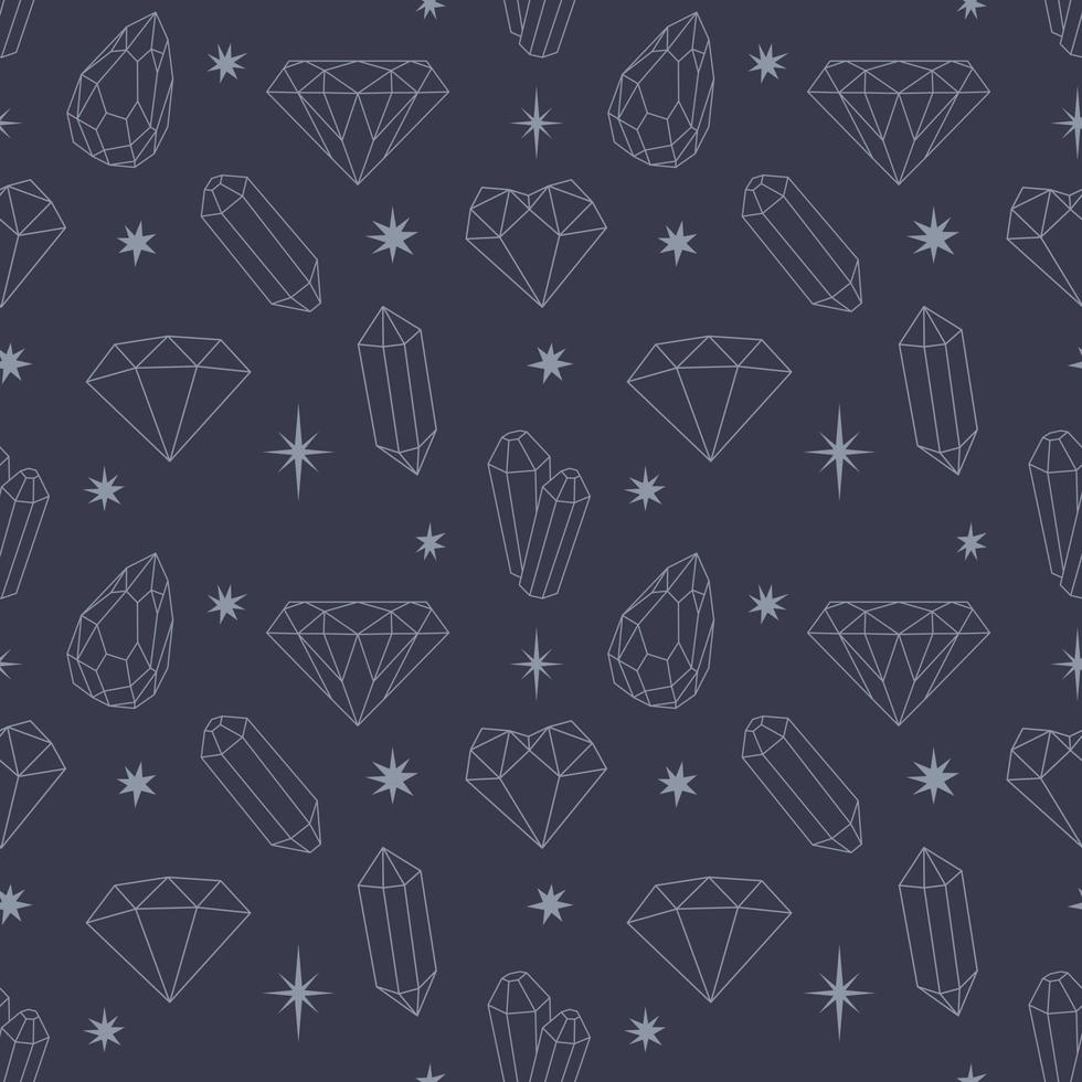 vektor seamless mönster med kontur kristaller, diamanter, diamanter, stjärnor på en mörkblå bakgrund. för omslagspapper, t-shirts, scrapbooking. textilier, tapeter, kuddar, pappersvaror