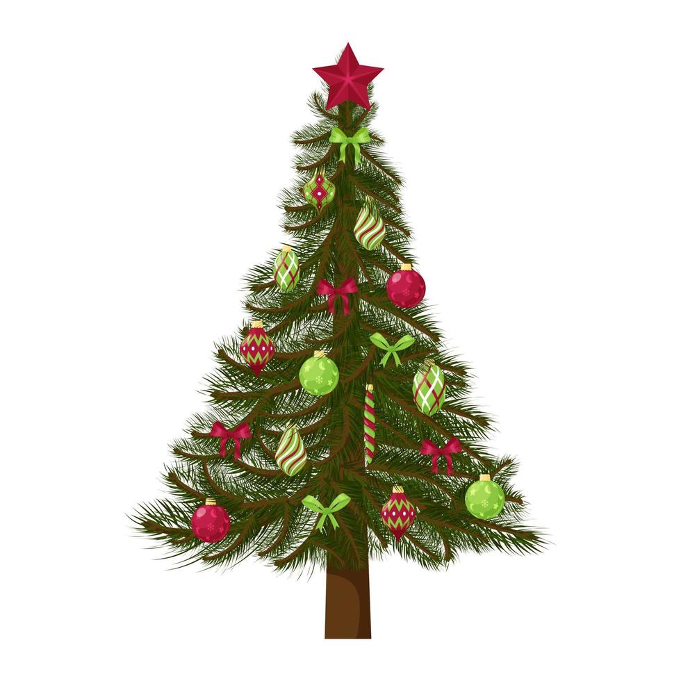 Weihnachtsbaum. ein geschmückter Baum mit Spielzeug, Bällen und einem Stern. für die Gestaltung von Neujahrsplakaten, Flyern, Werbung und Postkarten. isoliert auf weißem Hintergrund. flache style.vector illustration vektor