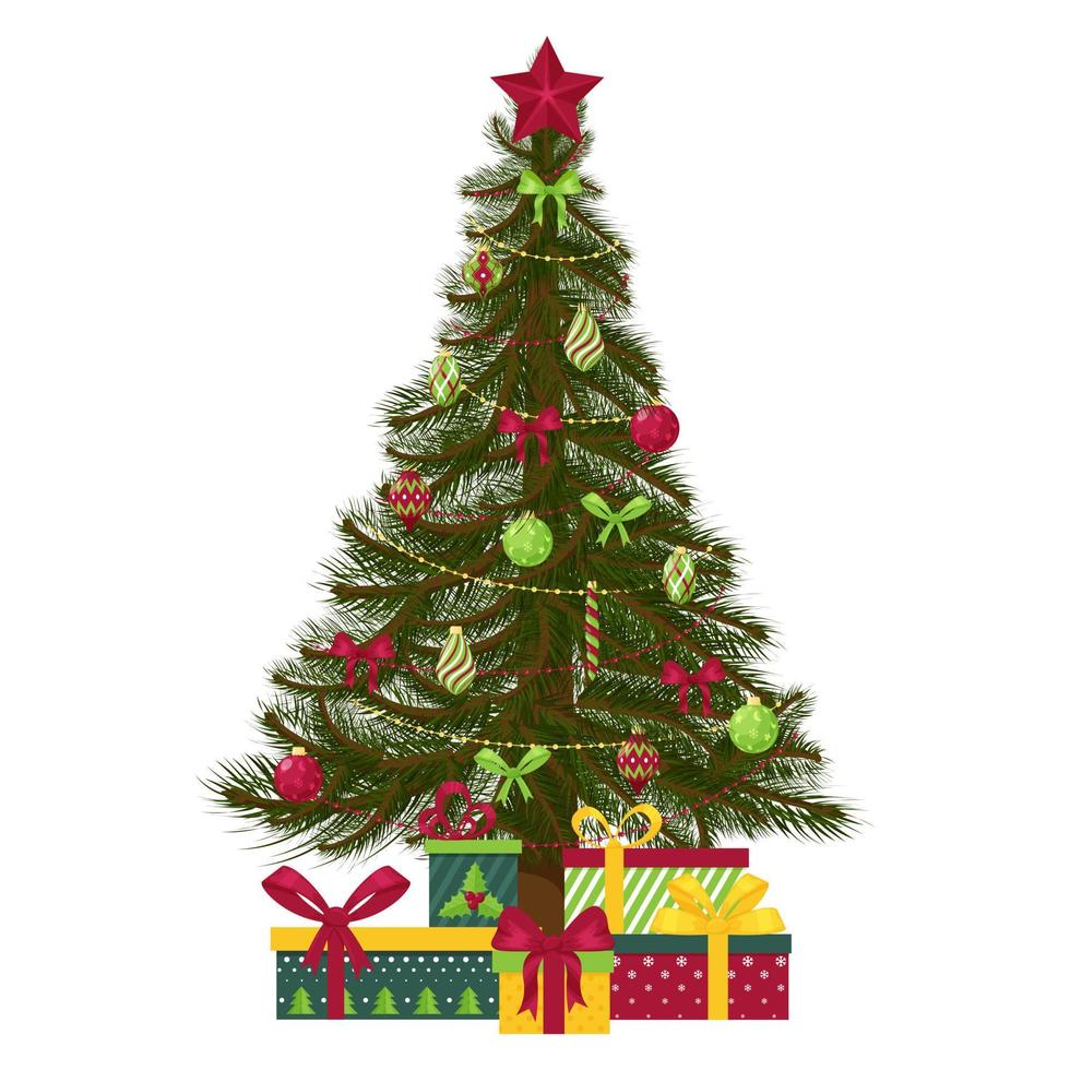 weihnachtsbaum geschmückt mit weihnachtsbaumspielzeug, kugeln, perlen und einem stern. Geschenkboxen unter dem Baum. für grußkarten, flyer. isoliert auf weißem Hintergrund. vektorillustration im flachen stil. vektor