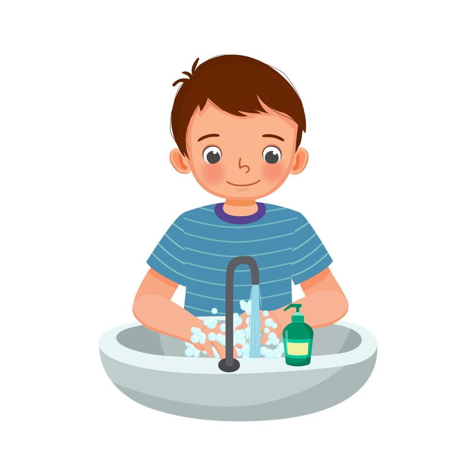 Süßer kleiner Junge wäscht sich die Hände mit antibakterieller Seife und fließendem Wasser unter dem Wasserhahn am Waschbecken als Vorbeugung gegen Viren und Infektionen und persönliche Hygiene vektor