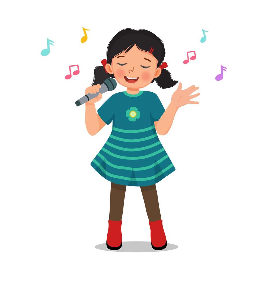 glad liten flicka sjunger en sång med en mikrofon vektor