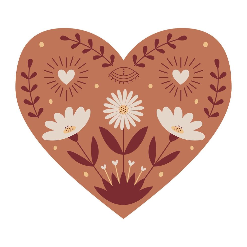 symmetriskt mystiskt hjärta med boho-element, öga, blommor, hjärtan och kvistar. dekorativt element för alla hjärtans dag-kort, förpackningsdesign. färg vektorillustration isolerad på en vit bakgrund. vektor