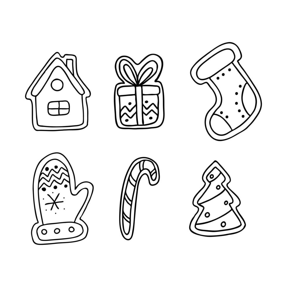 uppsättning av pepparkakor i doodle stil. skissen är handritad och isolerad på en vit bakgrund. element av nyår och jul design. konturritning. svart-vit vektorillustration. vektor