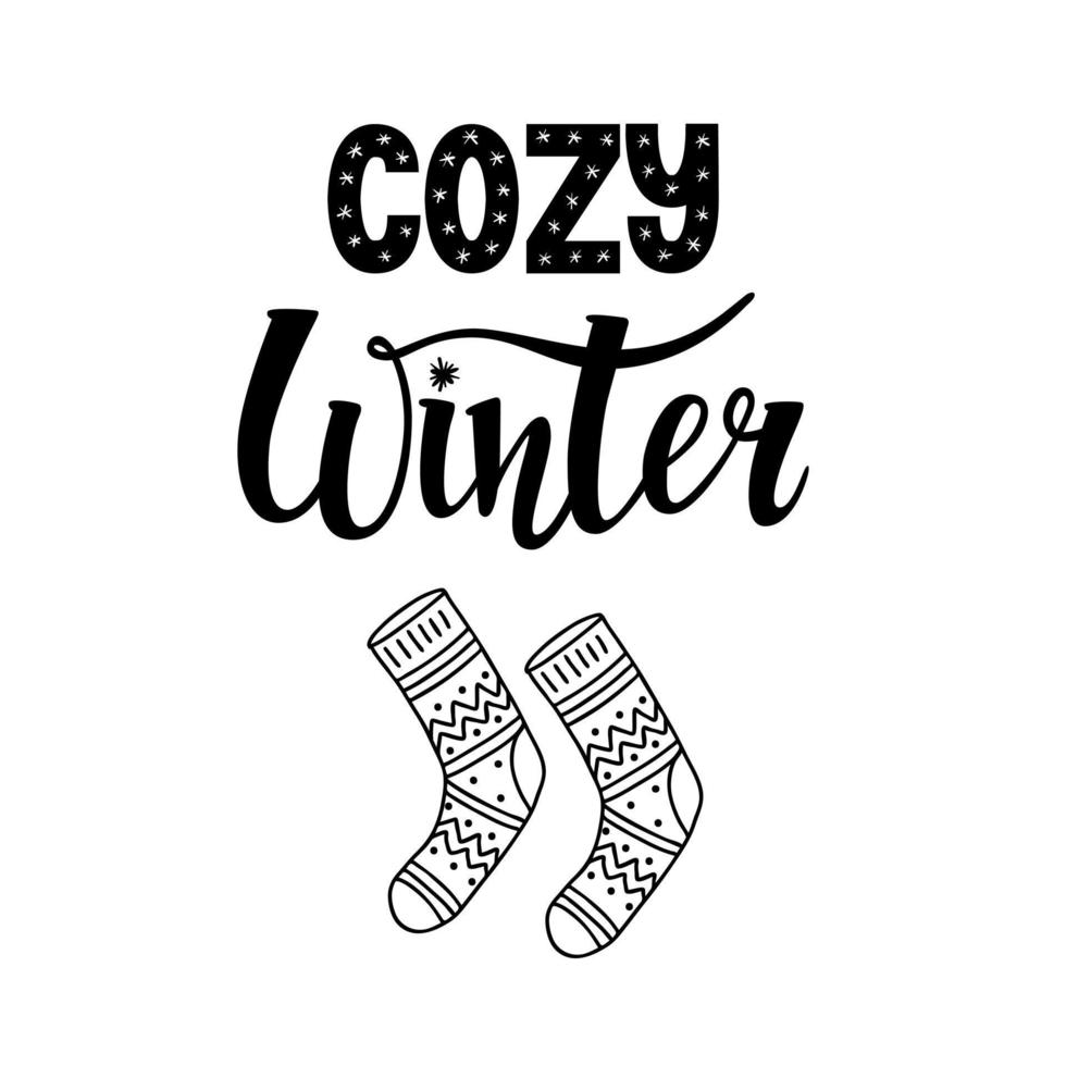 die worte sind handgezeichnet, die inschrift gemütlicher winter. Handbeschriftung mit Socken im Doodle-Stil. Vektor-Schwarz-Weiß-Illustration. getrennt auf einem weißen Hintergrund. vektor