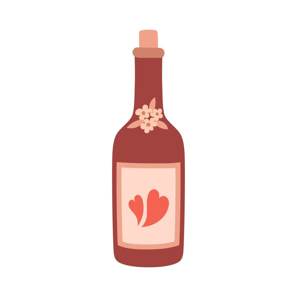 Glasweinflasche mit Korken, Blumen und Herzen. trinken, wein, symbol der romantik, liebe. ein dekoratives element für den valentinstag. Farbvektorillustration lokalisiert auf einem weißen Hintergrund. vektor