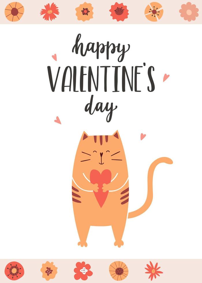 Eine Grußkarte mit einer süßen, lächelnden Katze, die ein Herz in ihren Pfoten hält. ein handgeschriebener satz zum valentinstag. hand lettering.cartoon-vektorillustration lokalisiert auf einem weißen hintergrund mit blume vektor