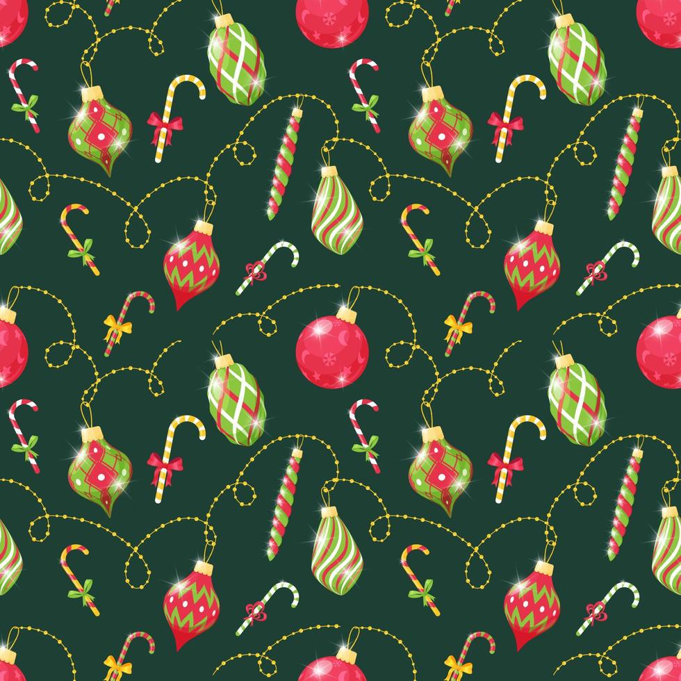 Nahtloses Muster mit Weihnachtsbaumspielzeug und Zuckerstangen auf dunkelgrünem Hintergrund. toll für Geschenkpapier. Flache Objekte werden isoliert und unter einer Maske verborgen. einfach zu bearbeiten. Vektor-Illustration vektor