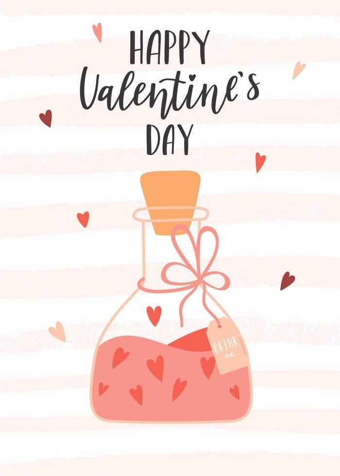 valentinstagkarte mit einem liebeselixier in einer flasche und einem etikett und einem handgeschriebenen satz - happy valentine's day. symbol der liebe, romantik. Farbflache Vektorillustration auf gestreiftem Texturhintergrund. vektor