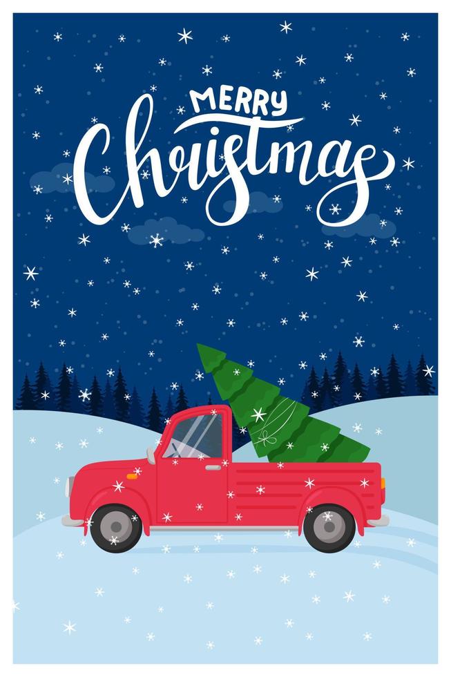 mall för ett nytt år, julhälsningskort med en handskriven inskription god jul. lastbil med en julgran på bakgrund av snödrivor och skogar. begrepp. platt. tecknad serie vektor