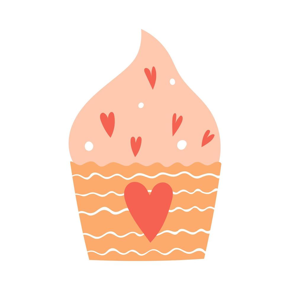 Cupcake mit Sahne mit Streuseln und Herzen. süße Speisen, Gebäck. ein dekoratives element für den valentinstag. einfache flache Farbvektorillustration lokalisiert auf weißem Hintergrund. vektor