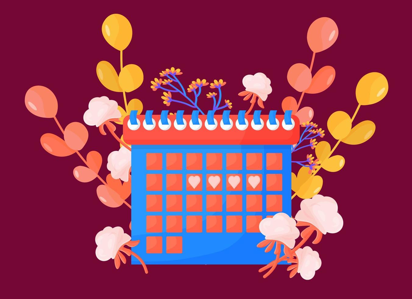 kalender för den kvinnliga menstruationscykeln, ägglossningskontroll. begreppet månatliga kvinnodagar. kalender med botaniska inslag, eukalyptusgrenar, bomull. vektor illustration i tecknad stil