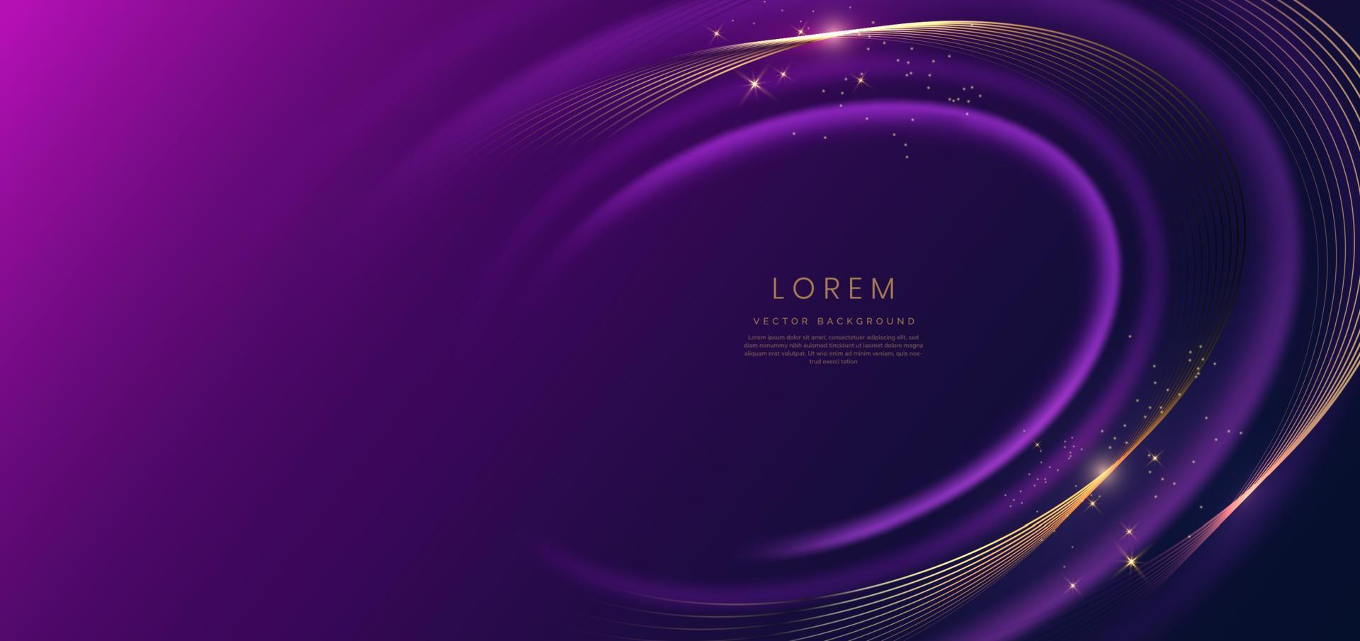 Abstrakte goldene Luxuslinien, die sich auf dunkelblauem und violettem Hintergrund mit Lichteffekten überlappen. vorlage premium preisverleihung design. vektor