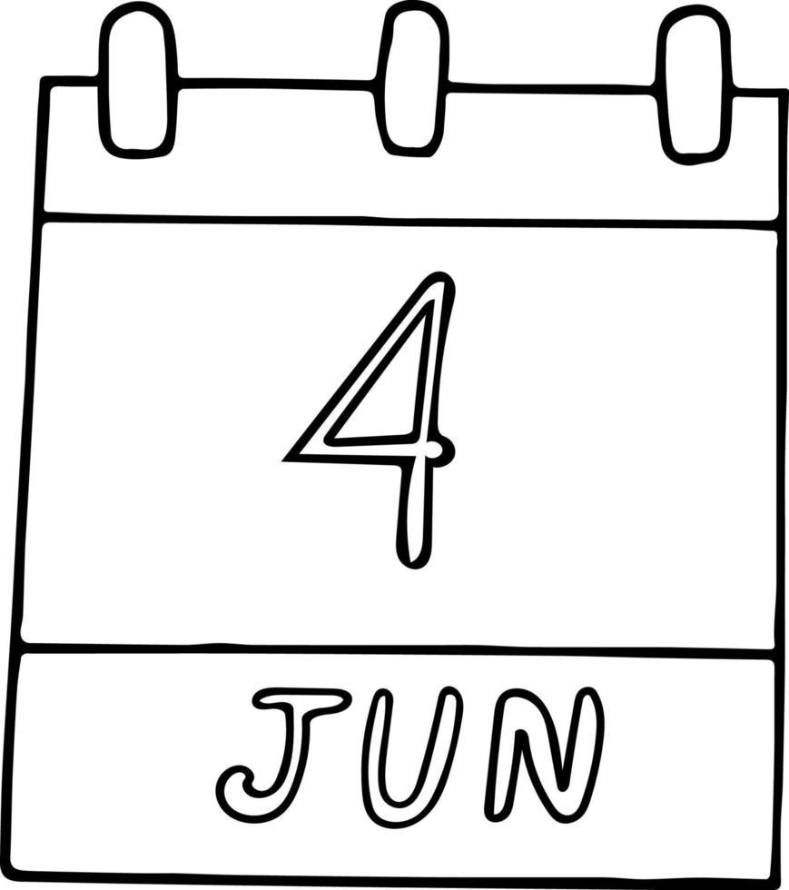 kalender hand dras i doodle stil. 4 juni internationella dagen för oskyldiga barn offer för aggression, datum. element för design. planering, affärssemester vektor