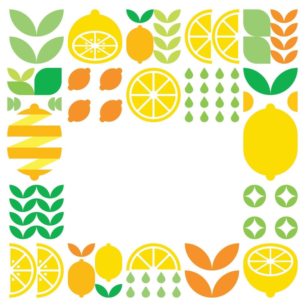 minimalistischer flacher Vektorrahmen, Zitronenfrucht-Symbol. einfache geometrische Illustration von Zitrusfrüchten, Orangen, Limonade und Blättern. abstraktes Design auf schwarzem Hintergrund. für kopierraum, social-media-posts. vektor