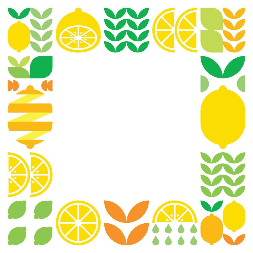 minimalistischer flacher Vektorrahmen, Zitronenfrucht-Symbol. einfache geometrische Illustration von Zitrusfrüchten, Orangen, Limonade und Blättern. abstraktes Design auf schwarzem Hintergrund. für kopierraum, social-media-posts. vektor