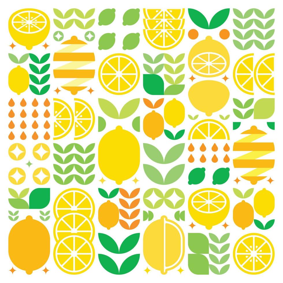 abstrakt konstverk av citron frukt symbolikon. enkel vektorkonst, geometrisk illustration av färgglada citrusfrukter, apelsiner, limefrukter, lemonad och löv. minimalistisk platt modern design på vit bakgrund. vektor