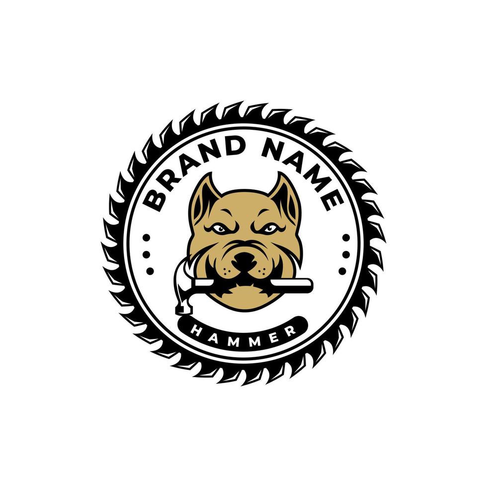 Hund beißendes Hammer-Tier-Design-Logo, Retro-Vintage, Zimmerei-Logo. designvorlage bau bau wartungsunternehmer vektor