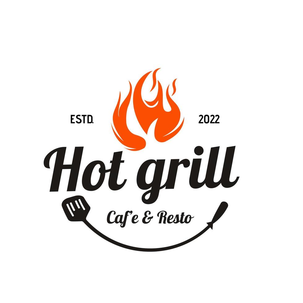 vintage grillad grill logotyp röd eld grill mat vektor