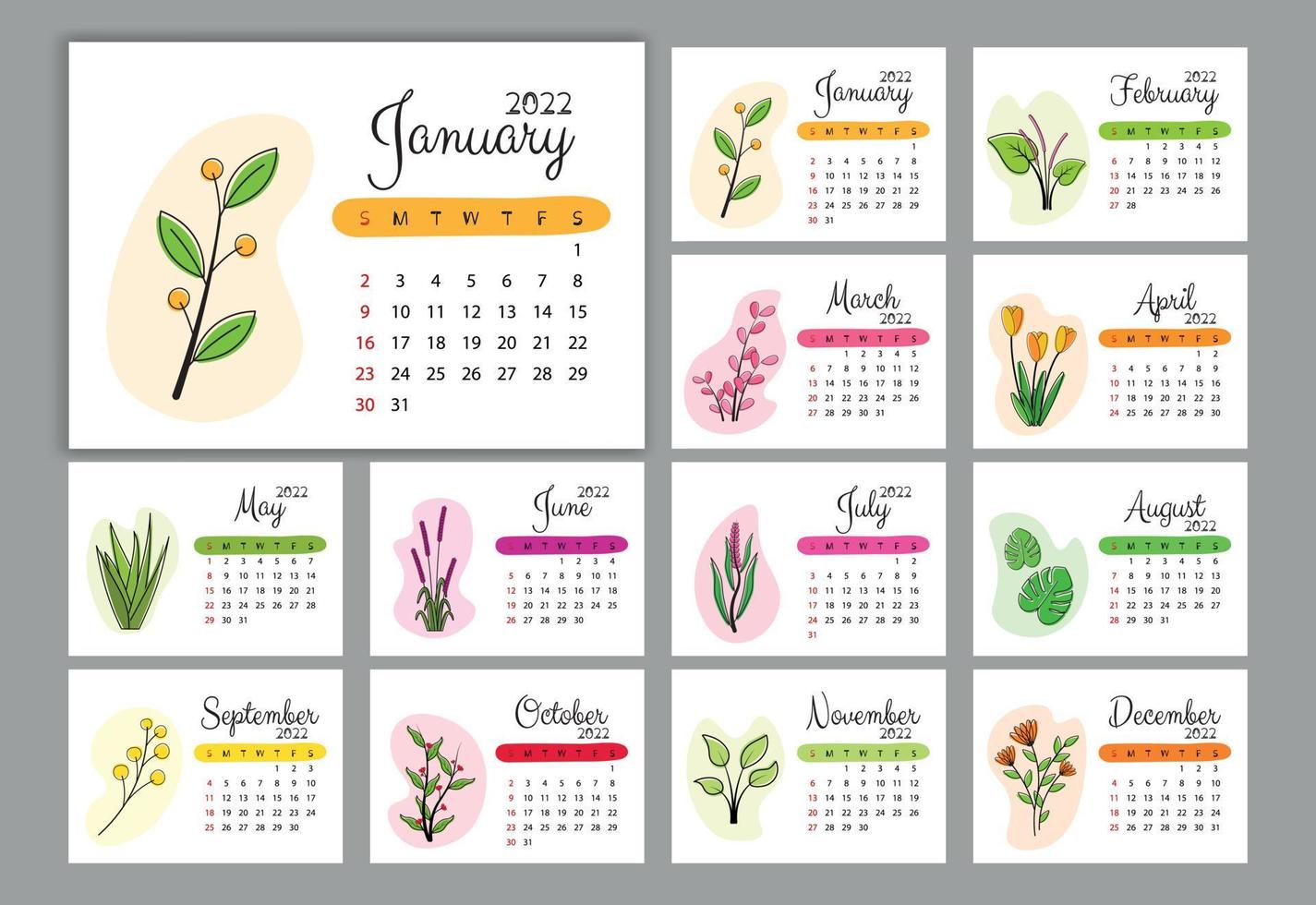 Kalendervorlage für das neue Jahr 2022 mit niedlichem Blumenvektor vektor