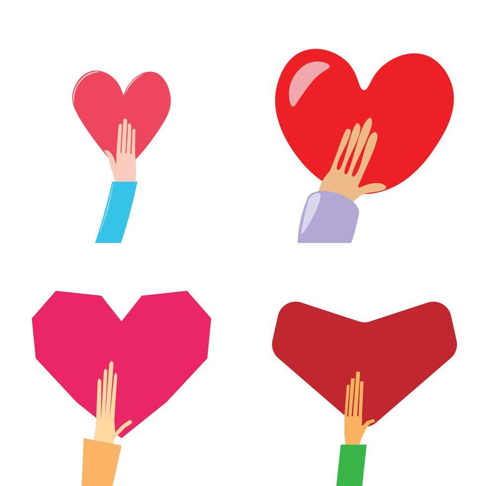 kärlek och medkänsla handritad vektorillustration. uppsättning av hand som håller hjärtat isolerad på vit bakgrund. alla hjärtans dag, romantisk semester symbol. välgörenhetsarbete, filantropi, socialhjälp vektor