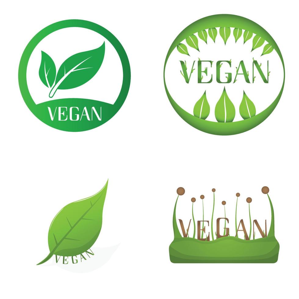 Set von veganen Vektorsymbolen. Bio, Bio, Öko-Symbol. vegan, fleischlos, laktosefrei, gesund, frisch und gewaltfrei. grüne Vektorillustration mit Blättern für Aufkleber, Etiketten und Logos vektor