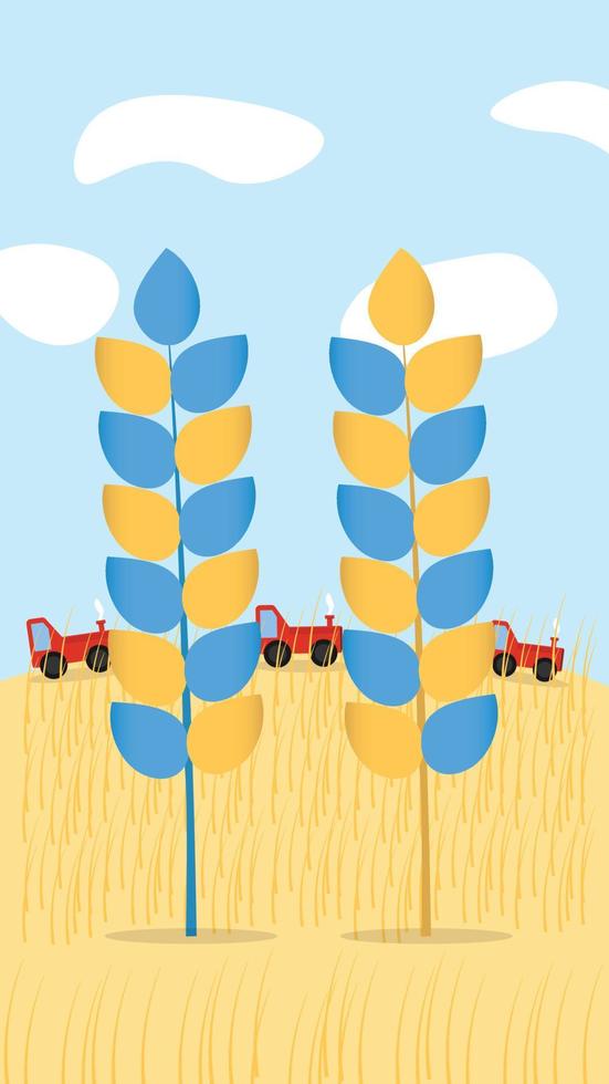 Blaue und gelbe Ukaine-Ohren von Weizenpflanzen-Ährchen-Symbol auf Naturhintergrund mit Traktoren. Vektor-Illustration. vektor